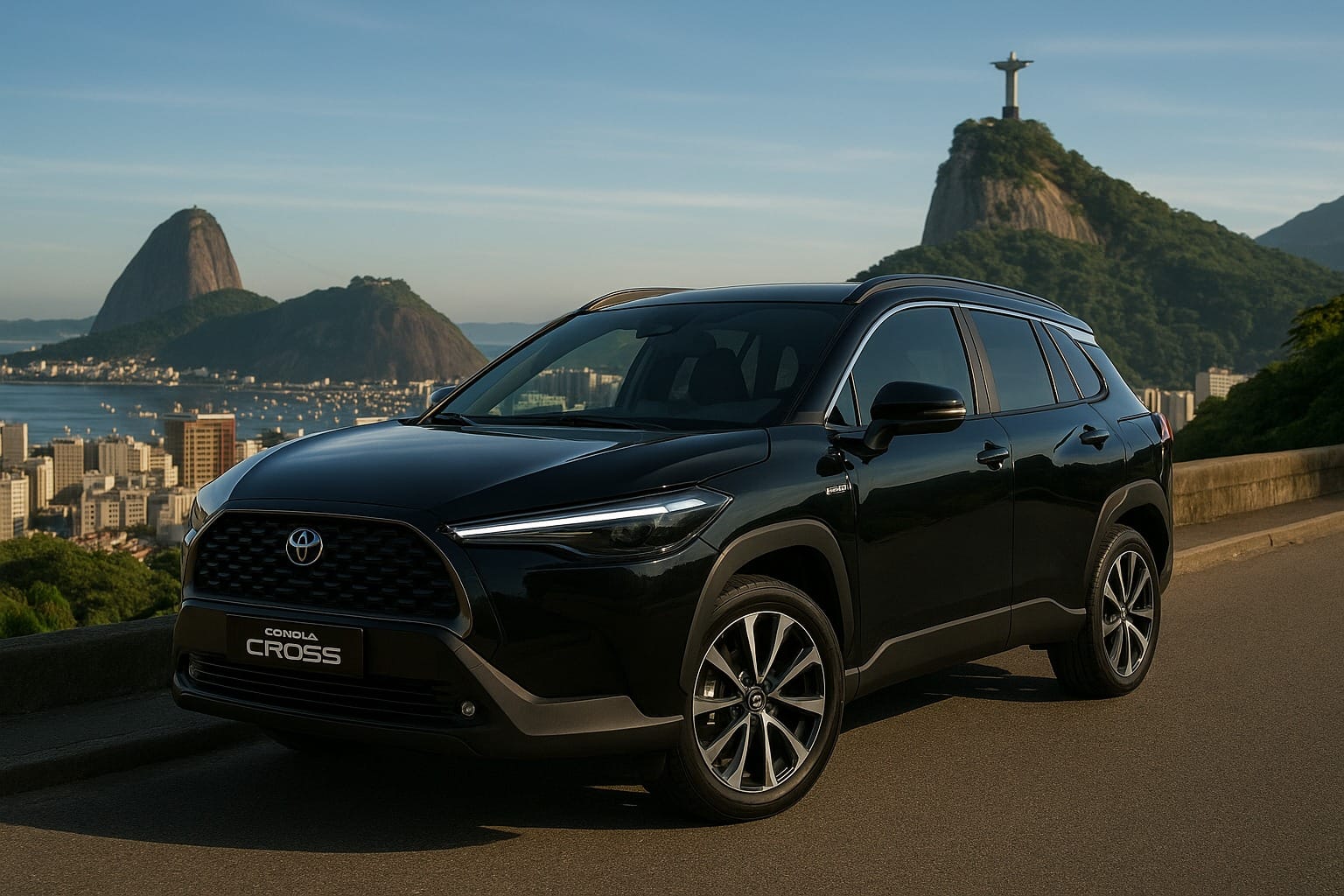 Toyota Corolla Cross preto com vista para o Cristo Redentor