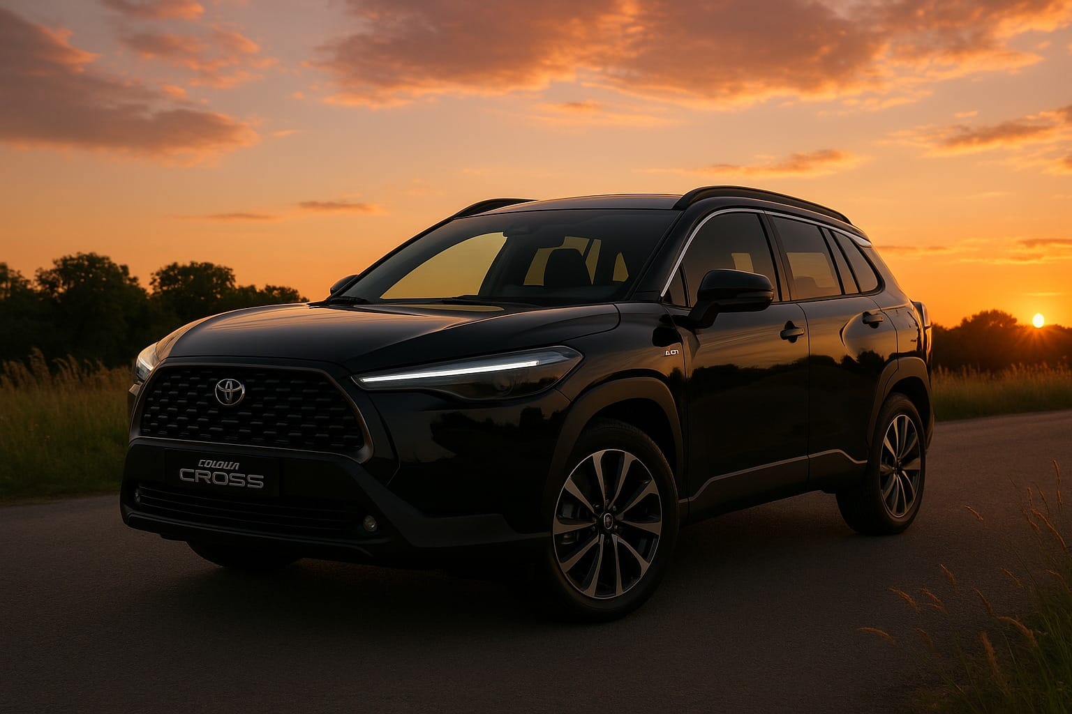 Toyota Corolla Cross preto em estrada ao entardecer